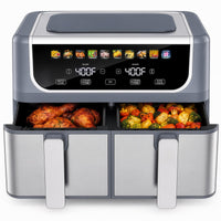 2 Baskets Air Fryer 9.5 QT, 10 in 1 Dual Air Fryers with Ceramic Crisper Plate, 80-450°F Wide Temp, Smart Cooking Mode with Match & Sync Cook, Shake Reminder, Roast, Defrost, Bake, Black
