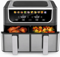 2 Baskets Air Fryer 9.5 QT, 10 in 1 Dual Air Fryers with Ceramic Crisper Plate, 80-450°F Wide Temp, Smart Cooking Mode with Match & Sync Cook, Shake Reminder, Roast, Defrost, Bake, Black