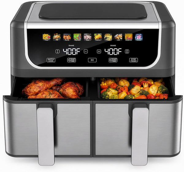 2 Baskets Air Fryer 9.5 QT, 10 in 1 Dual Air Fryers with Ceramic Crisper Plate, 80-450°F Wide Temp, Smart Cooking Mode with Match & Sync Cook, Shake Reminder, Roast, Defrost, Bake, Black