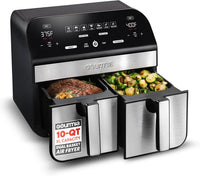 Gourmia Dual Basket Air Fryer - 10 Qt Large Capacity, FryForce360º, Digital Display with 7 Presets, Roast, Bake, Broil, Dehydrate, Match Cook, Sync Finish, Dishwasher Safe Accessories, Black